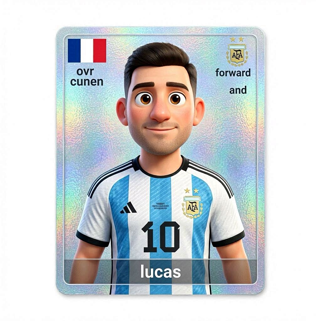 Create a football card with a holographic foil background, on a plain backdrop. Use a 3D Pixar-style version of a person. Character wears Argentina kit with only its national crest. Show OVR rating, Forward, and country flag top-left. Show name Lucas below the person: