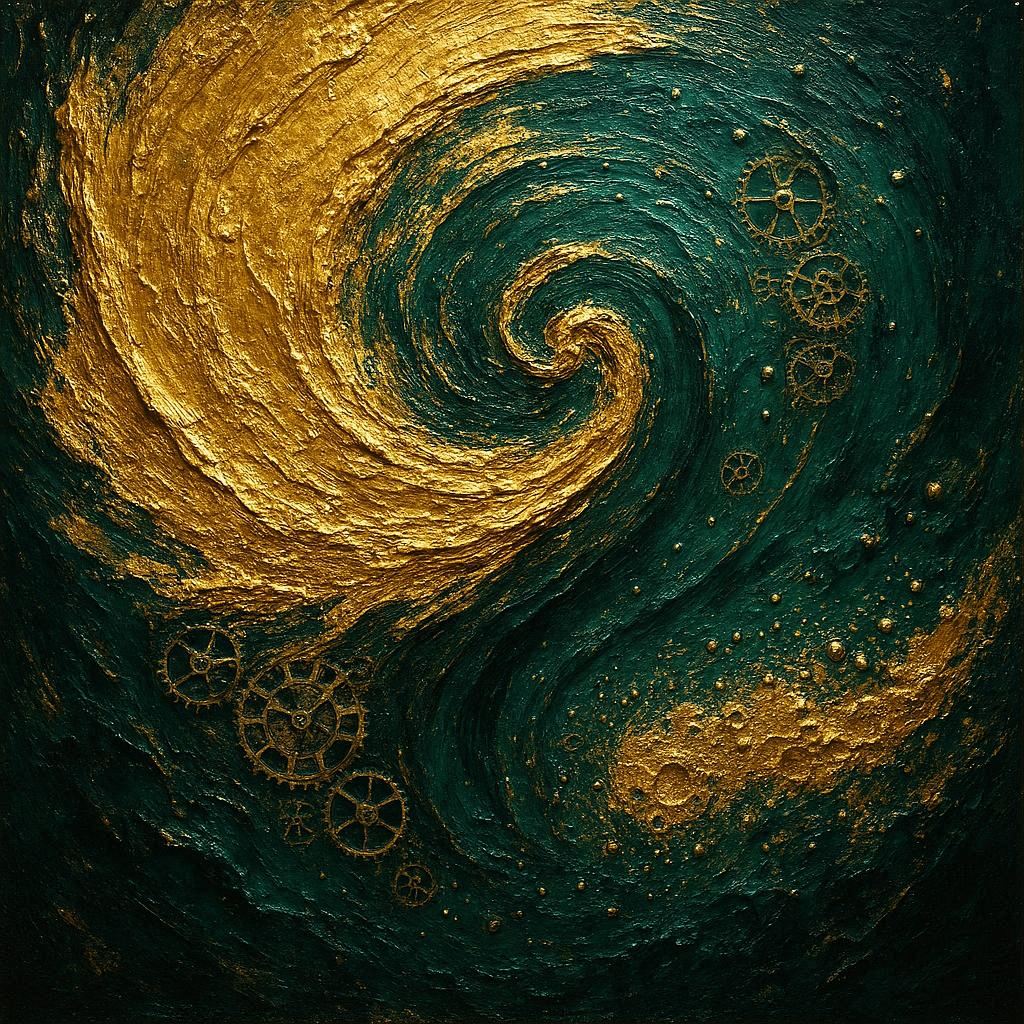 An abstract, expressive image dominated by a swirl of rich, flowing gold leaf and deep emerald green. The composition represents abundance, prosperity, and the passage of time. Use techniques mimicking acrylic pouring and heavy impasto texture. Subtle elements of clock gears and champagne bubbles are hidden within the metallic sheen. Focus on texture and movement. Dramatic studio lighting, ultra-high resolution, digital painting.